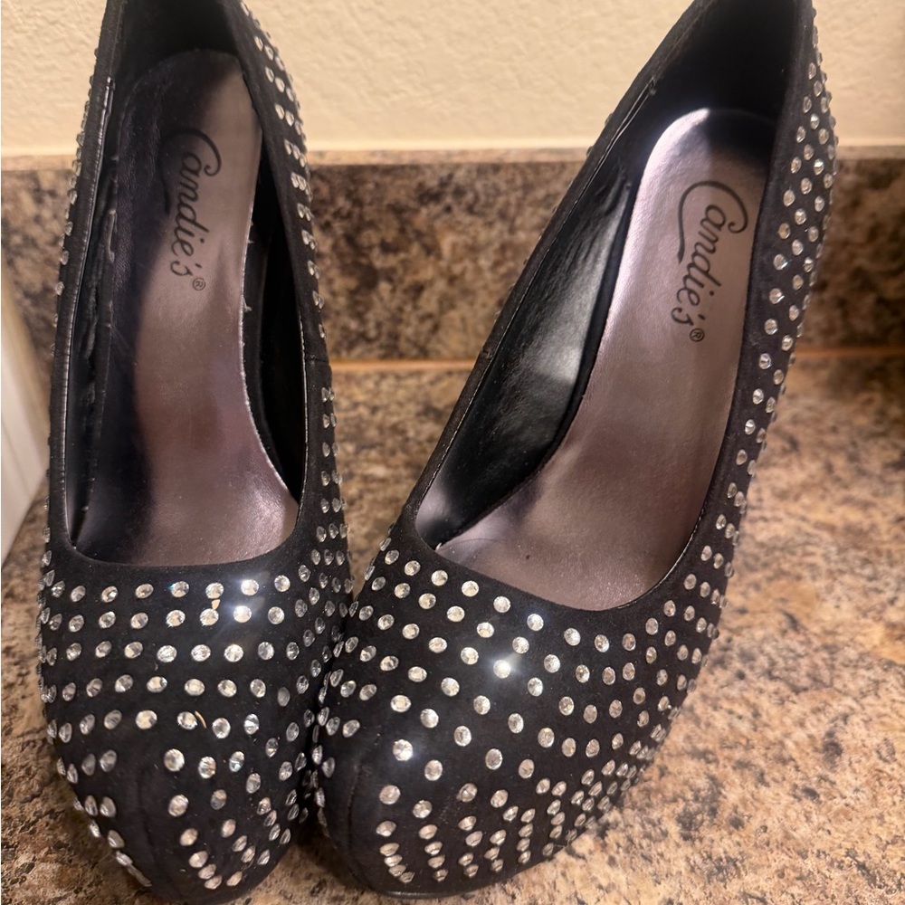 Candie's Black Rhinestone Studded Platform Pumps